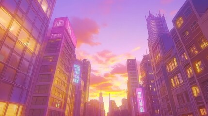 A vibrant cityscape at sunset, showcasing tall buildings and colorful skies.