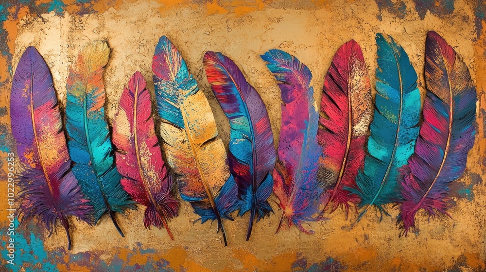 Poster artwork featuring a composition of vibrant feathers on a textured backdrop suitable for interior dec