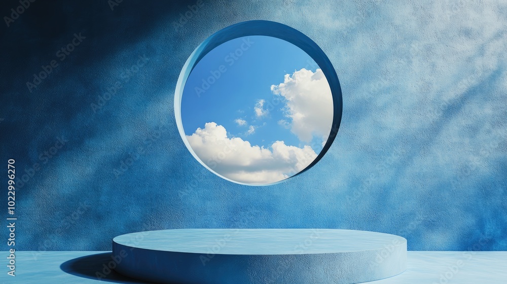 Poster 3D render of an abstract blue background featuring a blue sky view from a window on a blue wall complemented by a vacant podium Empty round stage mockup displayed