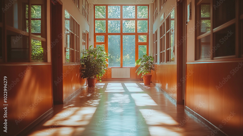 Poster a long hallway with a window in the middle. the window is letting in sunlight and the hallway is emp