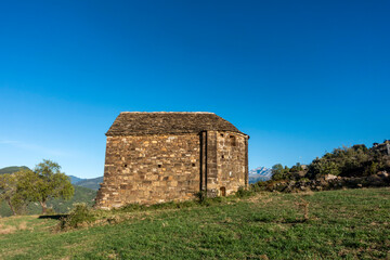 Romanesque hermitage of San Lorenzo in San Lorien. Pueyo de Araguas, Huesca, Spain.