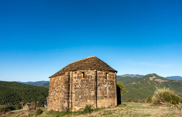 Romanesque hermitage of San Lorenzo in San Lorien. Pueyo de Araguas, Huesca, Spain.