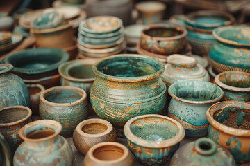 Generative AI photo craftsman shaping clay pot on spinning wheel in pottery studio surrounded by ceramic pieces