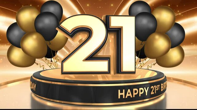 21 year, 21st birthday loop, looped video background, backdrop in 3D Gold with balloons
