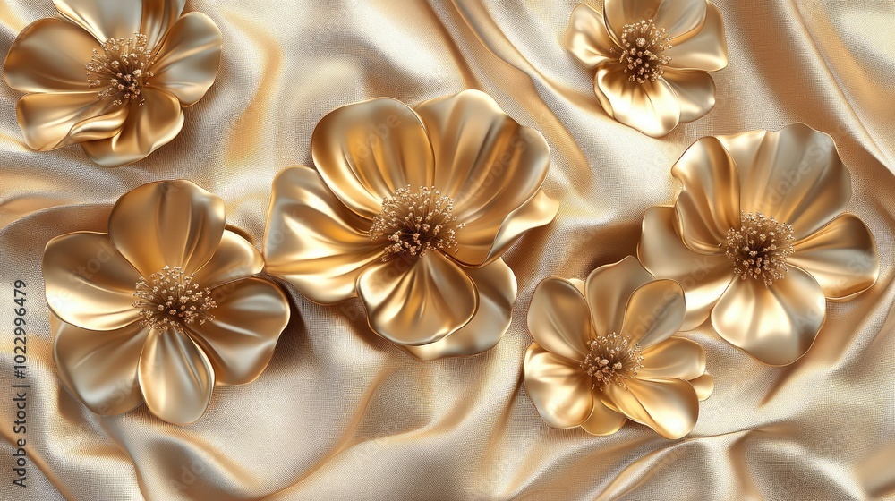 Poster 3d artwork of golden flowers on a fabric backdrop ideal for digital wallpaper printing and custom de