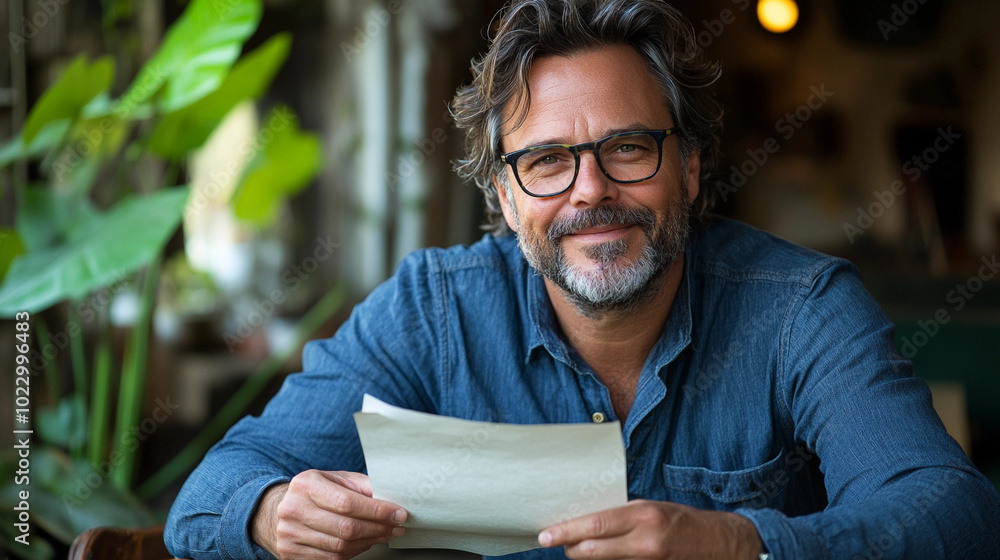 Poster a man is sitting at a table with a piece of paper in his hand. he is smiling and he is happy