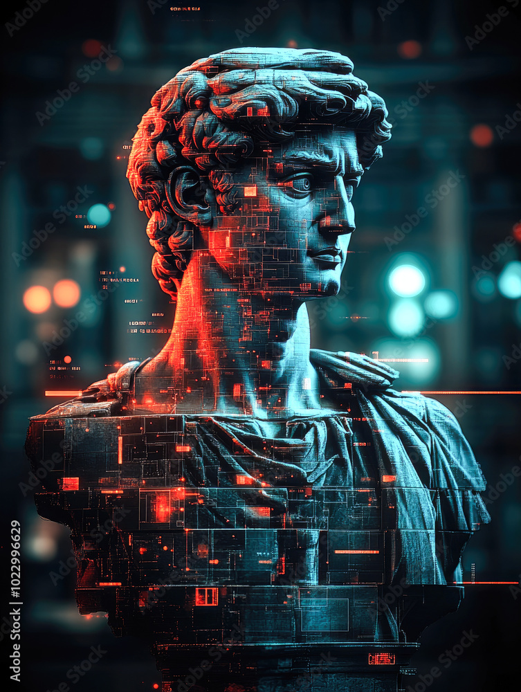 Poster a digital interpretation of a classical bust encased within a high-tech matrix, highlighting the ble