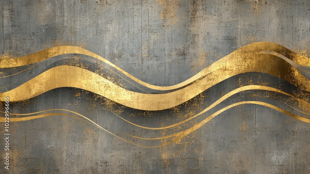 Poster abstract artwork featuring shimmering gold wavy lines on a textured concrete backdrop ideal for wall