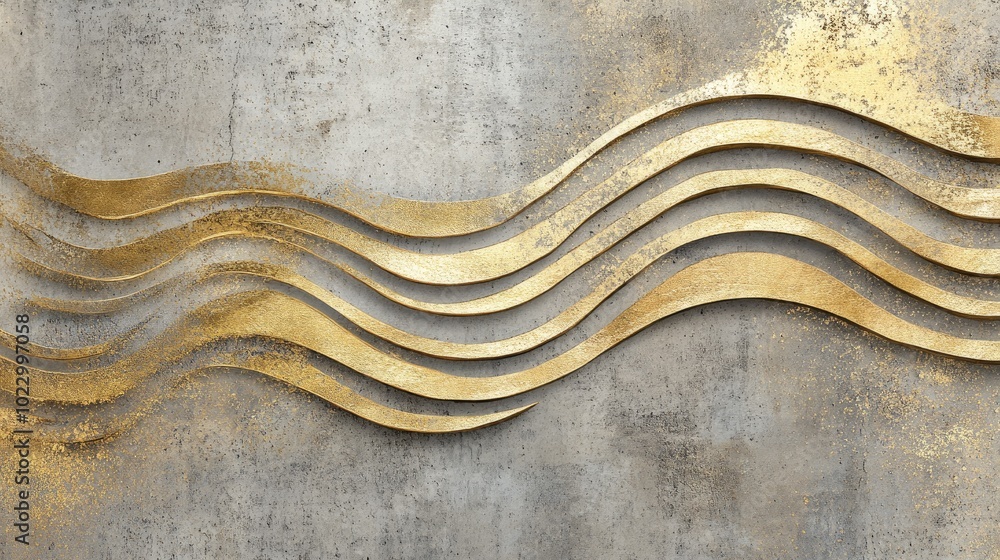 Poster abstract artwork featuring shimmering gold wavy lines on a textured concrete backdrop ideal for wall