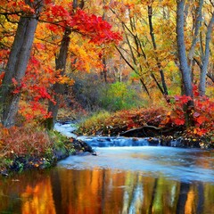Autumn Forest Ablaze With Vibrant Red, Orange, and Yellow Leaves, as a Gentle Brook Winds Through the Trees, Reflecting the Fall Colors in the Crystal Clear Water Below