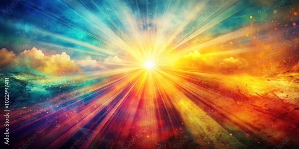 Poster dynamic multicolor sun rays, adorned with a unique grunge effect, offer an artistic background perfe