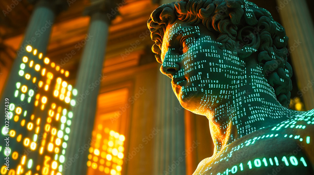 Poster a unique bust adorned with glowing digital binary code, illuminated by neon light in a grand classic