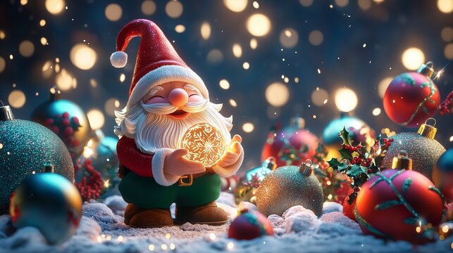 Cheerful Gnome dressing as a Santa Claus holding a glowing snowflake ornament surrounded by colorful Christmas decorations in a snowy winter wonderland