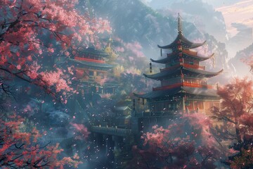 Obraz premium A serene and peaceful scene of a river with cherry blossoms in the background