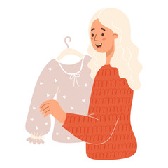 Obraz premium Seasonal Shopping day. Happy blonde woman trying on blouse at sale. Vector illustration. Cute female shopper character
