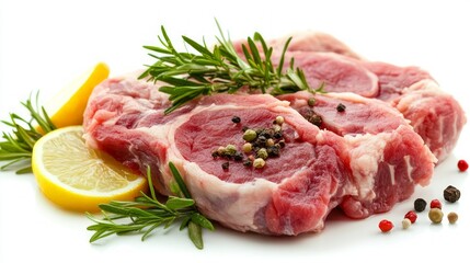 Two raw pork chops with lemon wedges, rosemary sprigs, and peppercorns isolated on a white background.