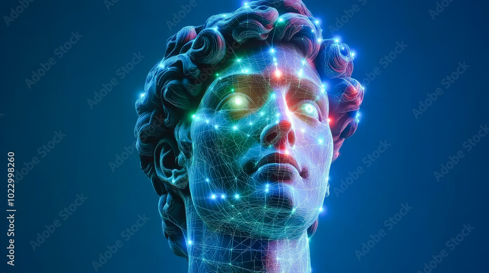 Poster a classic bust of the david statue enhanced with luminous threads depicting a futuristic representat