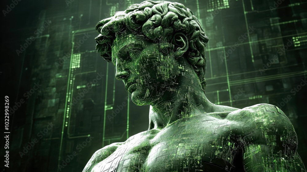Poster a digital transformation of the iconic david sculpture, displaying intricate green matrix and circui