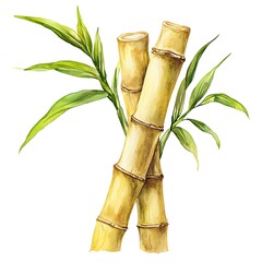 Fototapeta premium Watercolor illustration of two bamboo stalks with green leaves.
