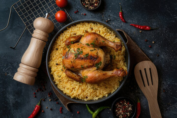 A bowl of chicken biryani. The rice is yellow and the chicken is brown. There are some spices on the table