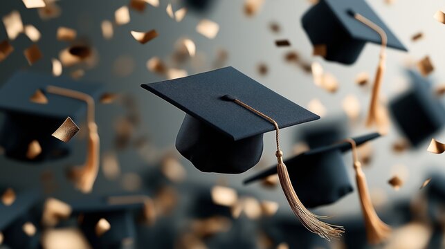 Multiple graduation caps with tassels being thrown in the air surrounded by confetti in a celebratory setting.