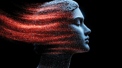 Profile of a face made of dynamic red data streams, symbolizing digital transformation and the integration of human and technology.