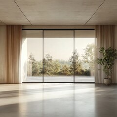 Large window view, minimalist room, scenic landscape, modern design, serene atmosphere, nature indoors