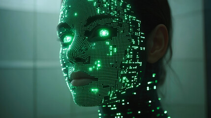 A close-up digital visage composed of green data points, reflecting futuristic visions, connectivity, and technological advancement.