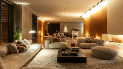 Modern living room interior featuring cozy seating, ambient lighting, and polished wood elements in an upscale home design at night