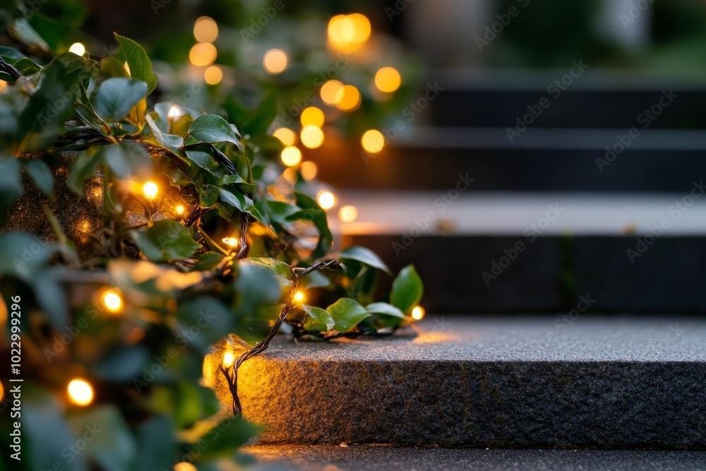 Poster twinkling lights entwined in greenery illuminate the steps at dusk, creating a warm and inviting atm
