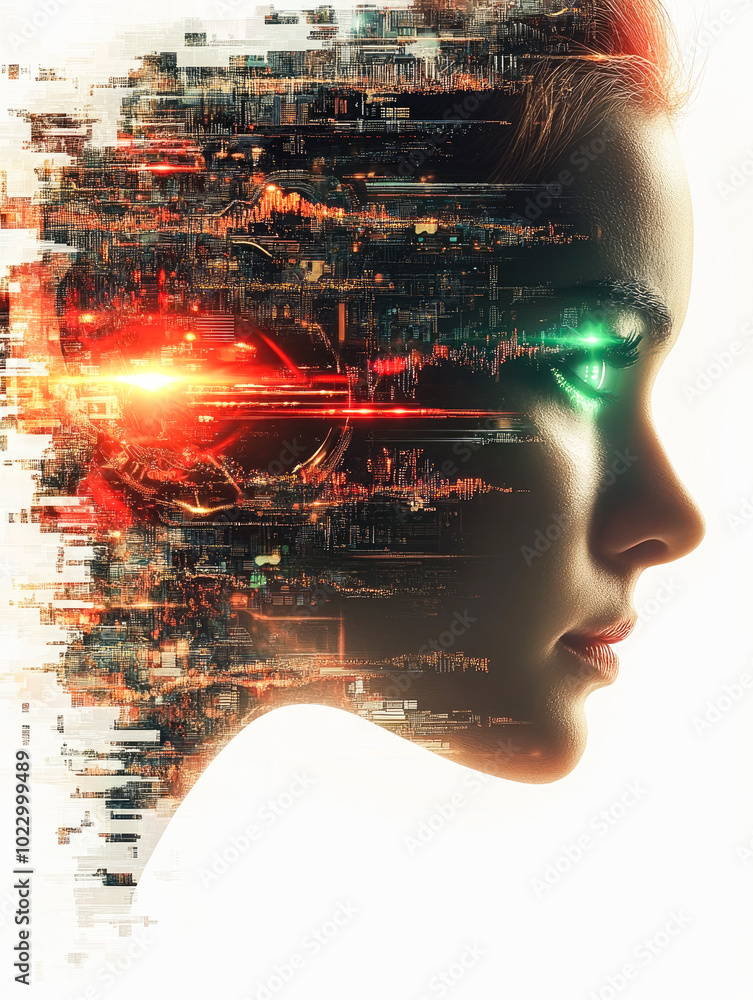 Poster a side profile of cyborg with dynamic digital interface on one side, perfectly illustrating technolo