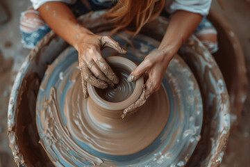 AI generated photo of female artist shaping clay on spinning wheel pottery artist