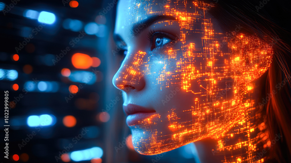 Poster a futuristic face with glowing digital patterns and networks, representing technology and innovation