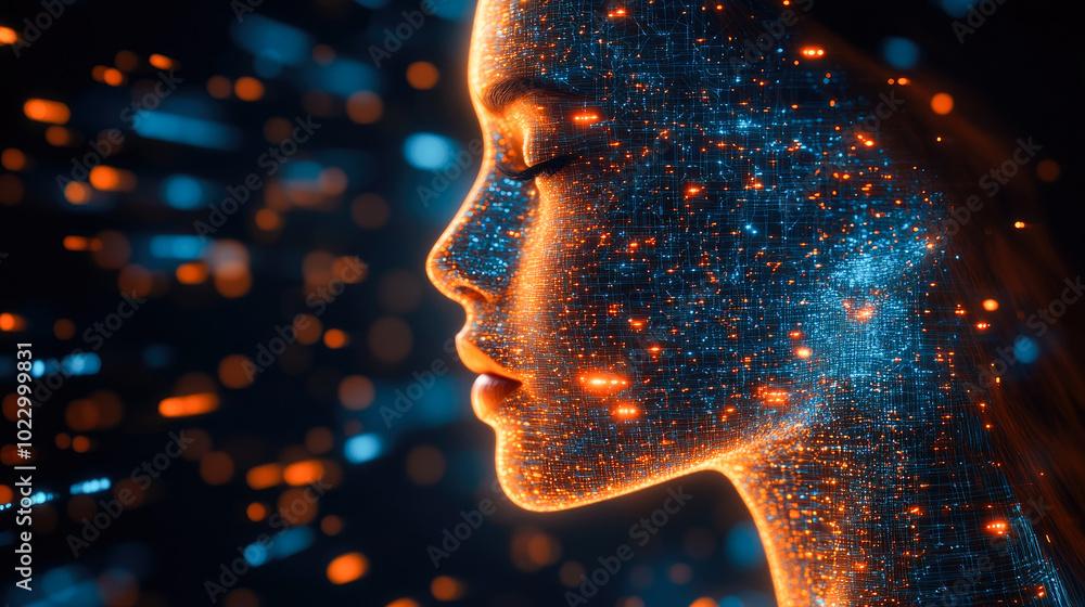 Poster a captivating face integrated with digital patterns in blue and orange, symbolizing the intertwining
