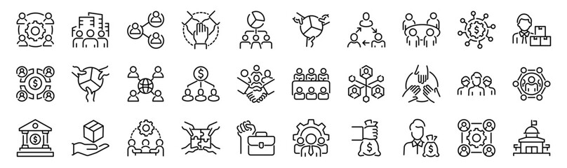 Set of 30 outline icons related to stakeholder. Linear icon collection. Editable stroke. Vector illustration