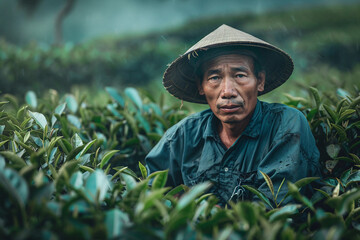 Traditional oriental tea leaves plantation harvest gathering, Generative AI