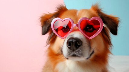 Adorable dog wearing heart shaped glasses on pastel background