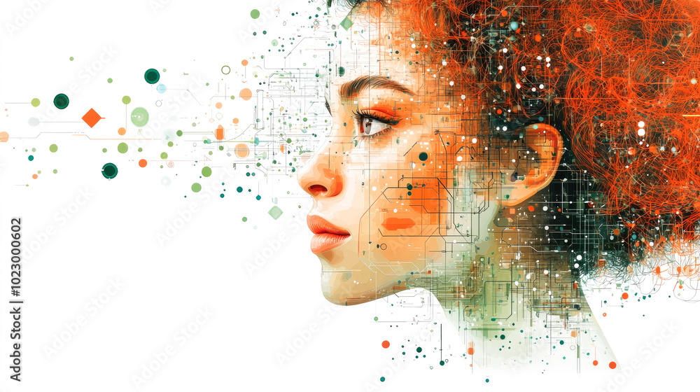 Poster a digital representation of a woman's face interwoven with circuit-like patterns, merging artistic a