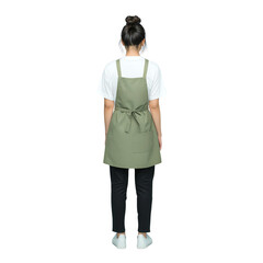 A woman wearing a green apron stands with her back to the viewer, showcasing a casual and practical outfit. isolated background