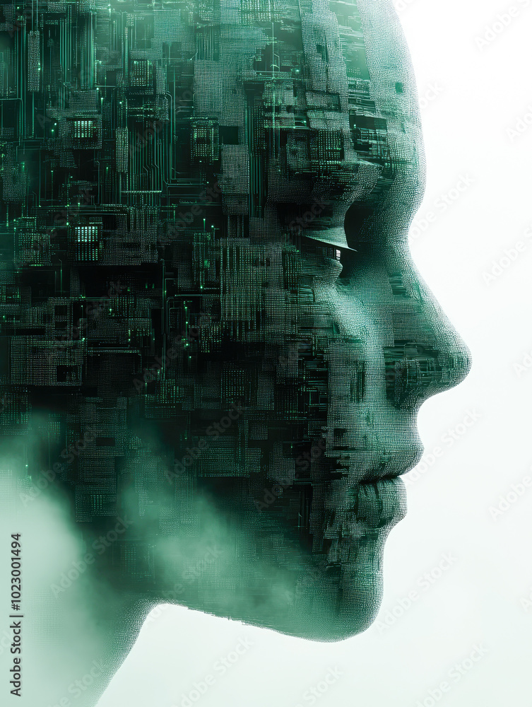 Poster a face profile designed with intricate green circuit patterns symbolizes the connection between huma