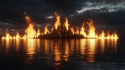 Fototapeta premium Colossal Aquatic Metropolis Ablaze in Cinematic Crimson and Bronze Hues