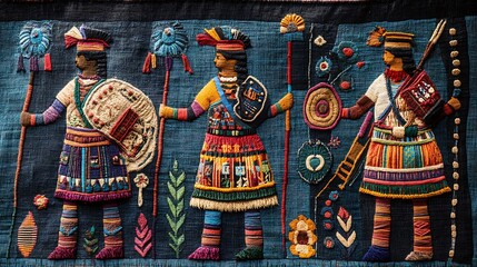 Colorful Woven Tapestry Depicting Three Warriors in Traditional Attire.