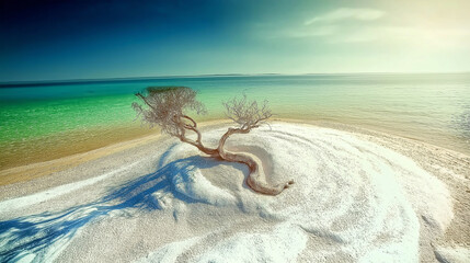 Solitary Tree in a Snow-Covered Desert Landscape Under a Vast Sky
