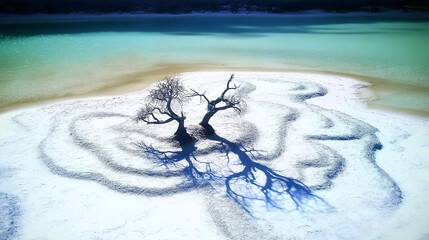 Solitary Tree in a Snow-Covered Desert Landscape Under a Vast Sky