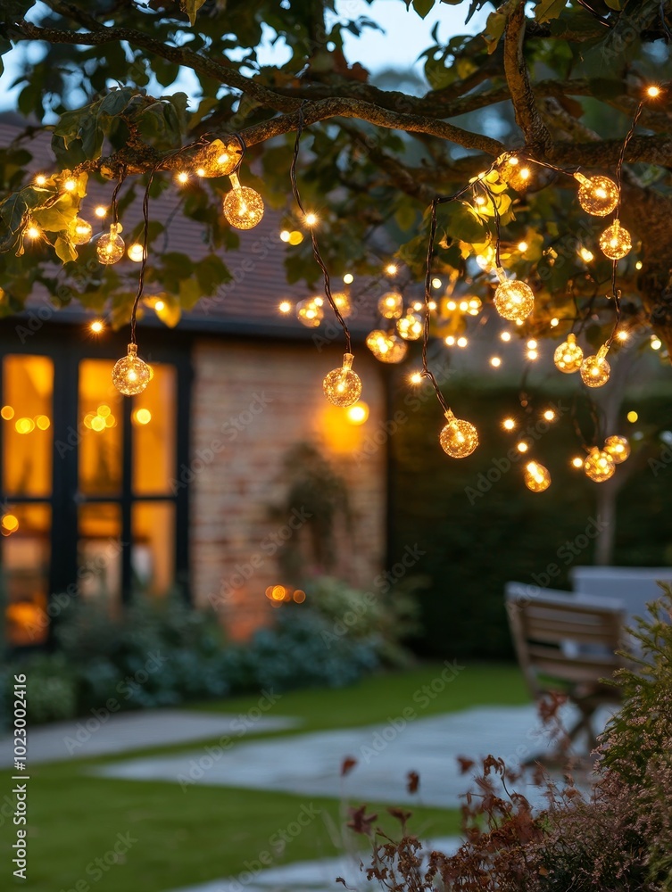 Aufkleber cozy evening in a garden illuminated with string lights hanging from trees in a backyard setting