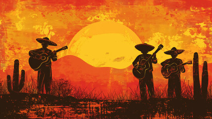 Naklejka premium Mexican musicians with sombrero playing guitar.
