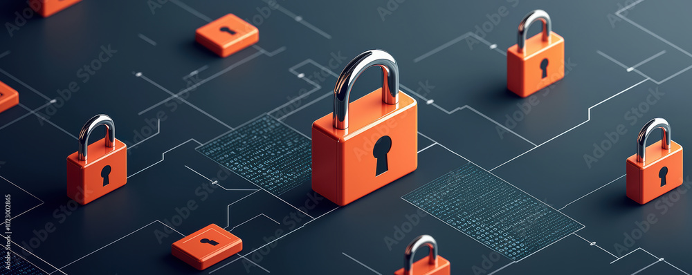 Poster a visual representation of cybersecurity, featuring orange padlocks on a digital background symboliz