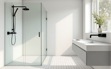 Modern minimalist bathroom with a glass shower. White walls, a glass shower, and stylish wooden furniture with black accents create a sense of cleanliness and simplicity