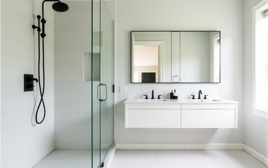 Stylish Scandinavian-style bathroom. A bright bathroom with wooden accents, a glass shower, and black accessories, focusing on functionality with a minimalist touch.