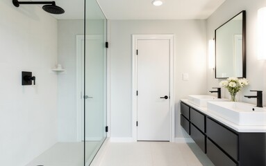 Stylish Scandinavian-style bathroom. A bright bathroom with wooden accents, a glass shower, and black accessories, focusing on functionality with a minimalist touch.